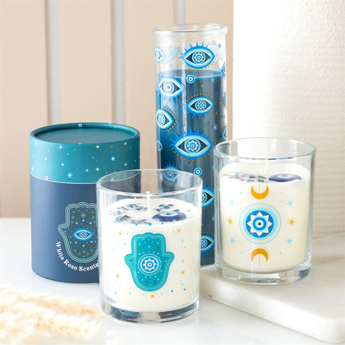 Hand of Hamsa White Rose Candle with Crystals