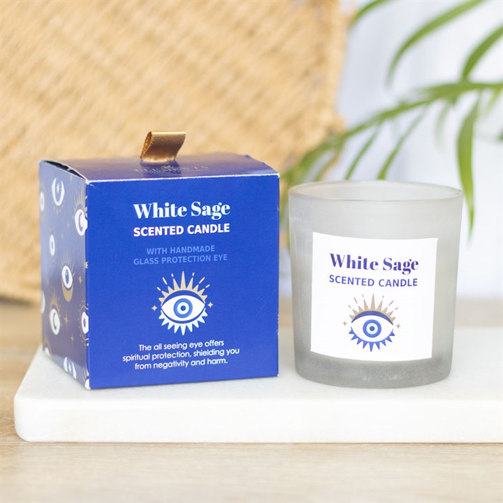 All Seeing Eye White Sage Protection Charm Candle in Glass Pot
